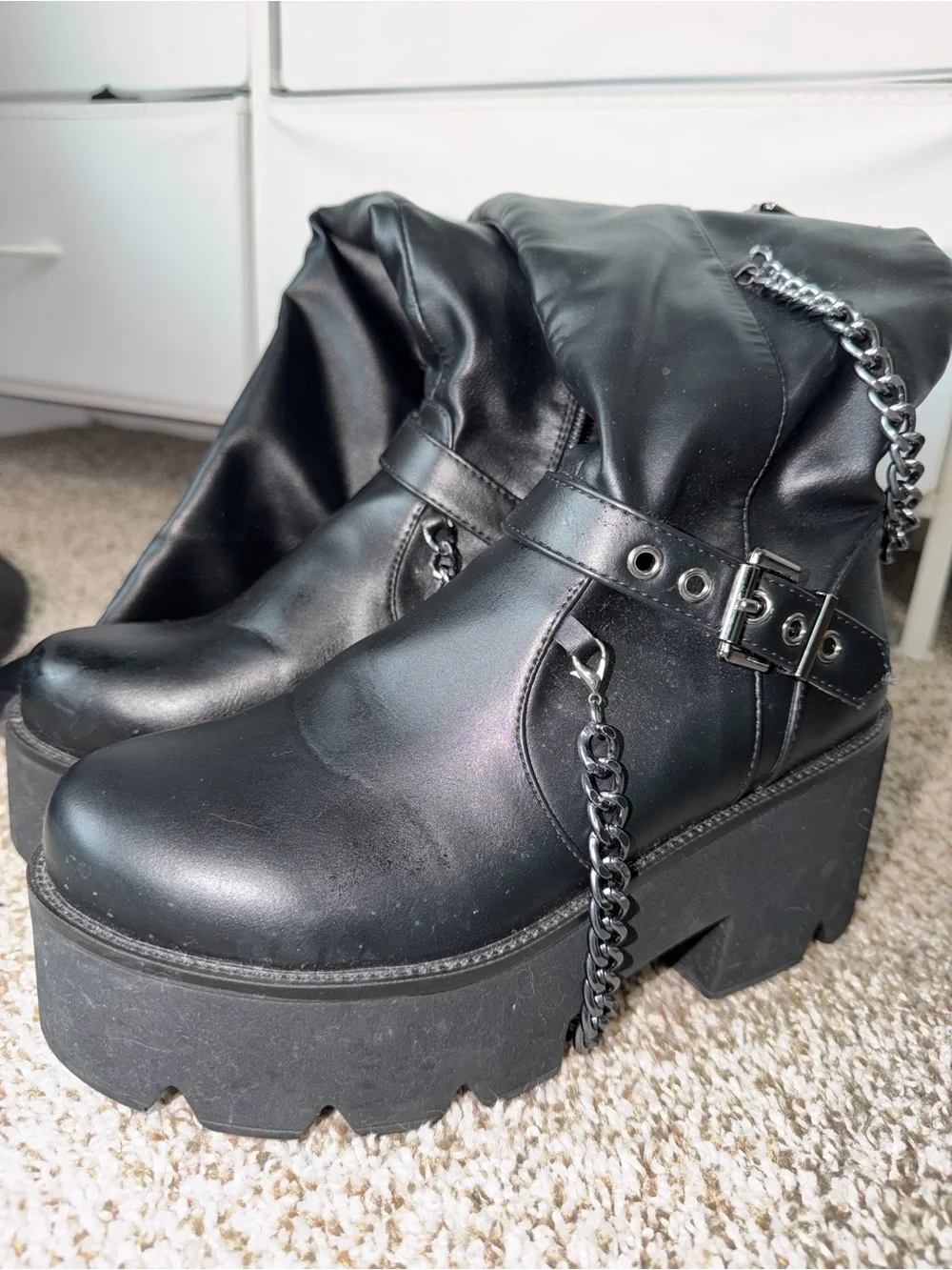 Black Over-the-Knee Platform Boots with Chain & Buckle Details